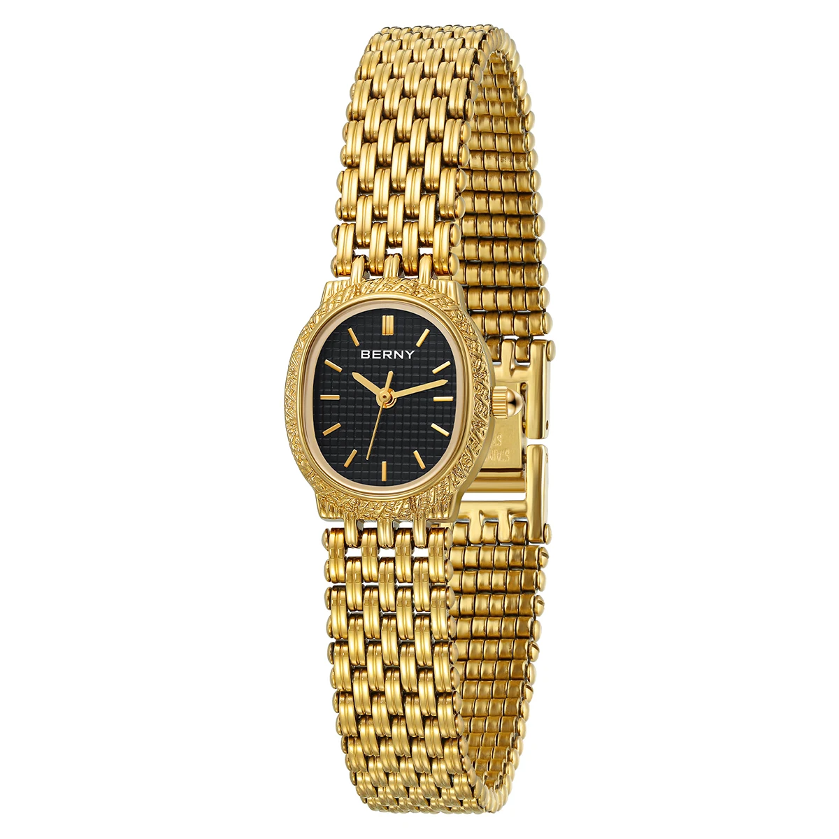 BERNY gold women's quartz watch with stainless steel strap, waterproof design, and retro elliptical dial