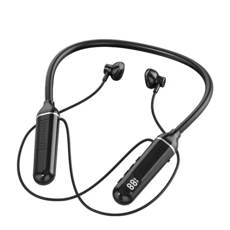 Black wireless earbuds with a neckband on a white background