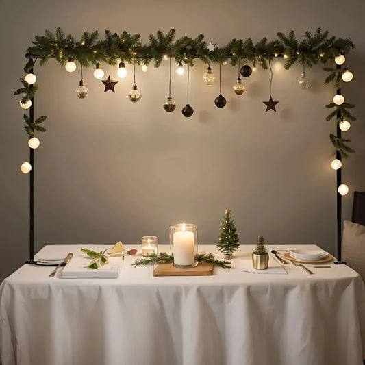 Adjustable metal arch tabletop frame with clamps, extendable from 79.25-259.08cm, perfect for weddings, birthdays, Halloween, Christmas, and party decorations. No electricity needed