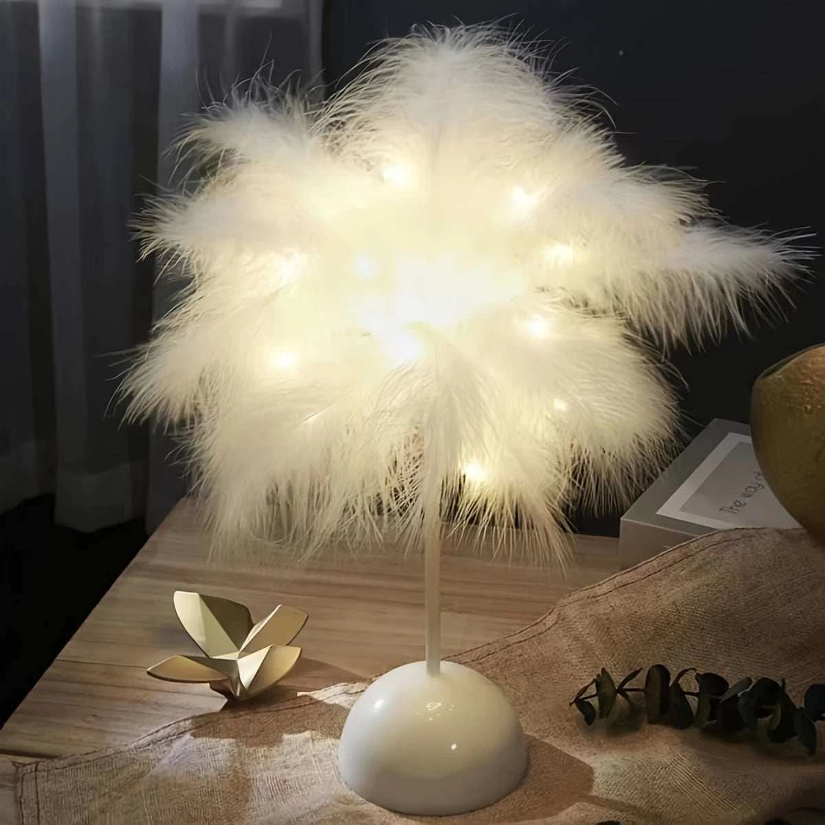 Simulated feather night light with DIY design, battery-powered for home, bedroom, and festive decorations