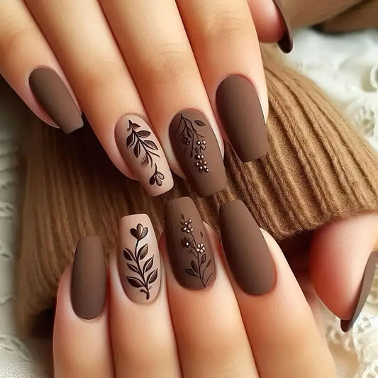 24-Piece Autumn Winter Ballet Shaped Matte Nail Tips – Floral & Leaf Patterns