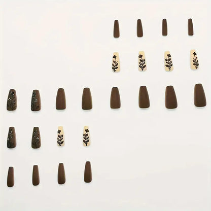 24-Piece Autumn Winter Ballet Shaped Matte Nail Tips – Floral & Leaf Patterns