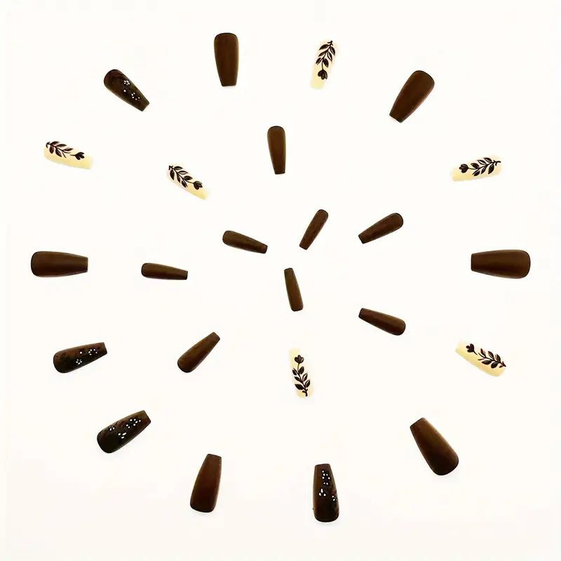 24-Piece Autumn Winter Ballet Shaped Matte Nail Tips – Floral & Leaf Patterns