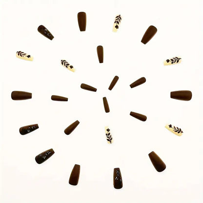 24-Piece Autumn Winter Ballet Shaped Matte Nail Tips – Floral & Leaf Patterns