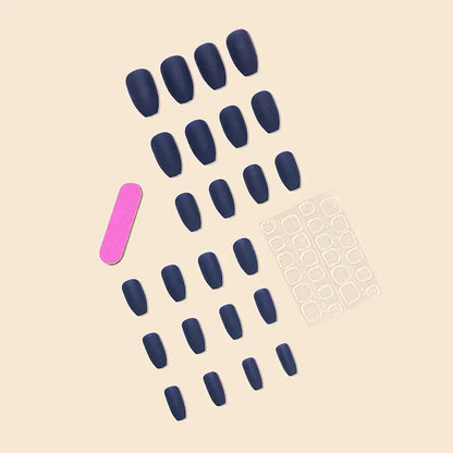 24pcs Blue Matte Square Press-On Nails Set – Full Cover Coffin Shape Artificial Nail Tips