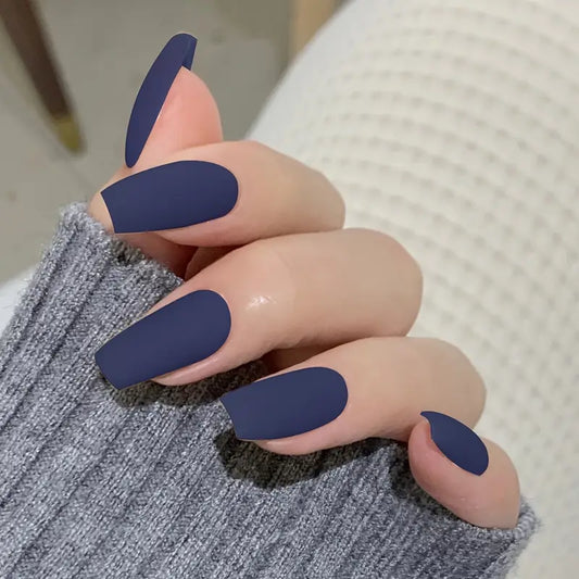 24pcs Blue Matte Square Press-On Nails Set – Full Cover Coffin Shape Artificial Nail Tips