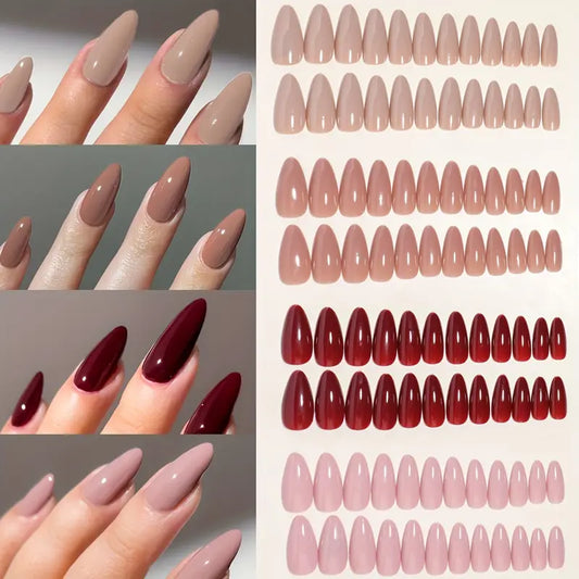 96pcs Long Almond Press-On Nails Gift Set – 4 Colors in Solid Brown Series