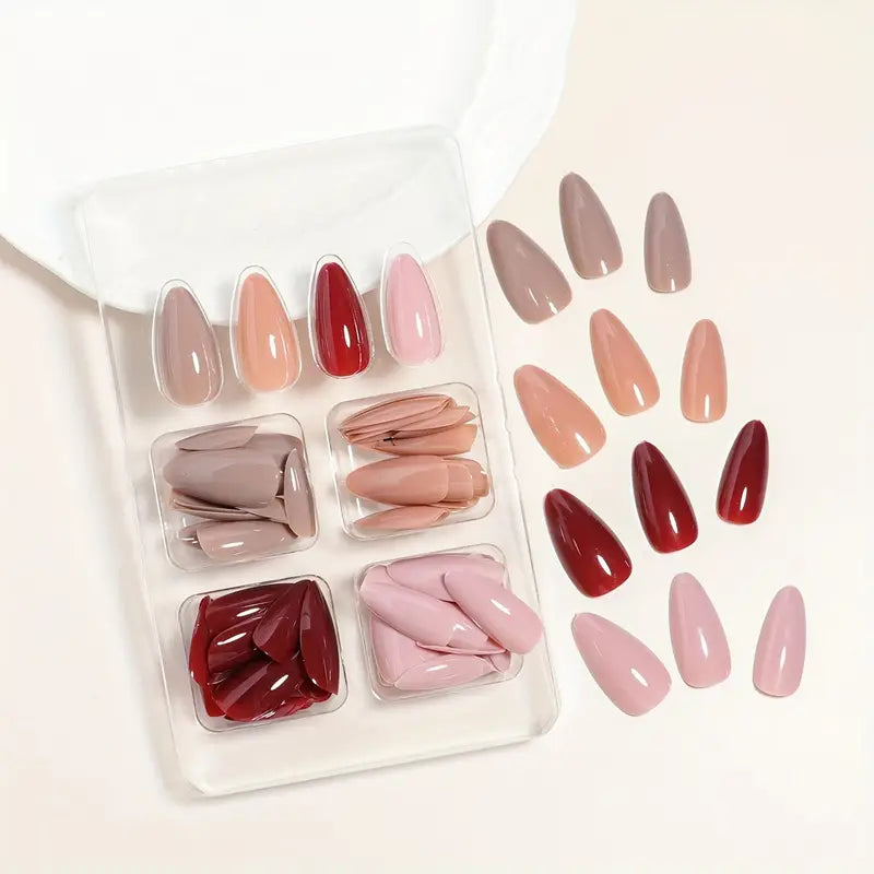 96pcs Long Almond Press-On Nails Gift Set – 4 Colors in Solid Brown Series