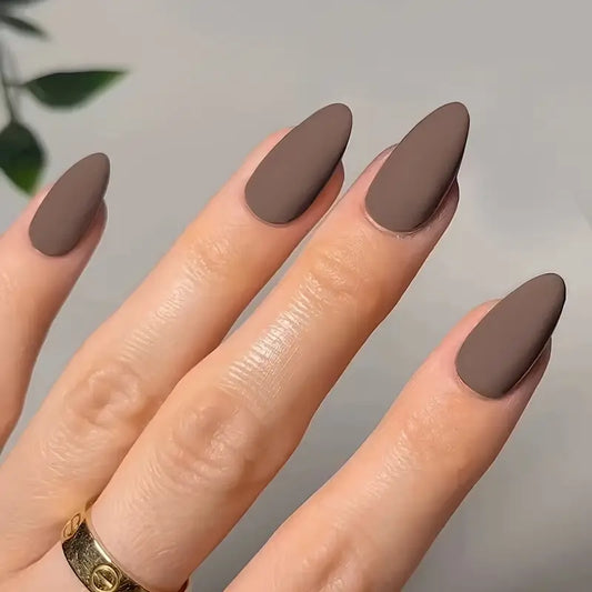 Wearable Almond-Shaped Matte Nail Patches - Coffee Color Solid Texture Set