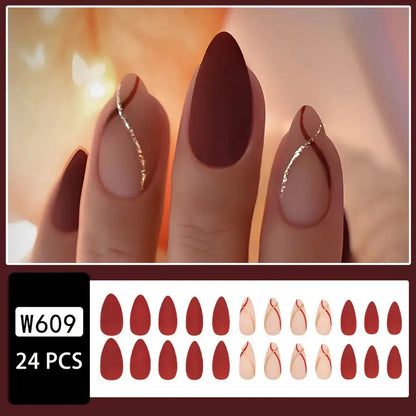 24pcs Matte Wine Red Almond Press-On Nails with Golden Foil Stripe Design – Elegant Medium-Length Nail Art