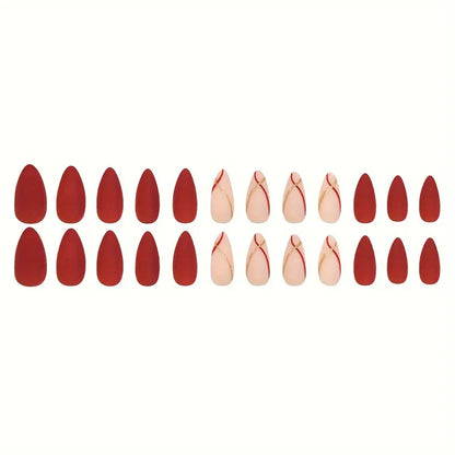 24pcs Matte Wine Red Almond Press-On Nails with Golden Foil Stripe Design – Elegant Medium-Length Nail Art