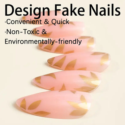 24pcs Mixed Color Oval Press-On Nails – Golden Leaf & Flower Pattern