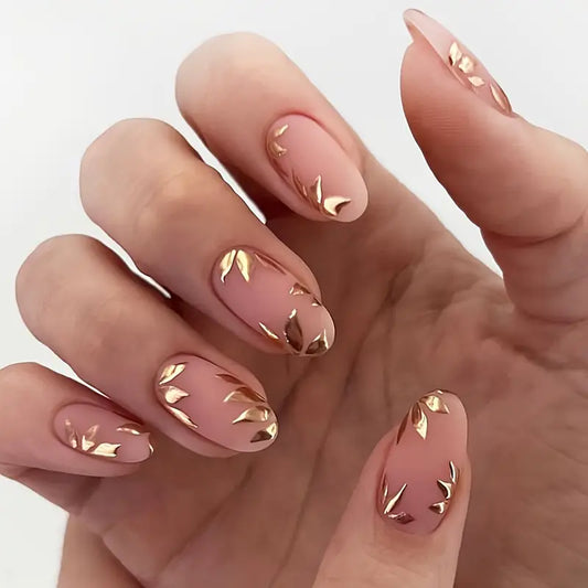 24pcs Mixed Color Oval Press-On Nails – Golden Leaf & Flower Pattern