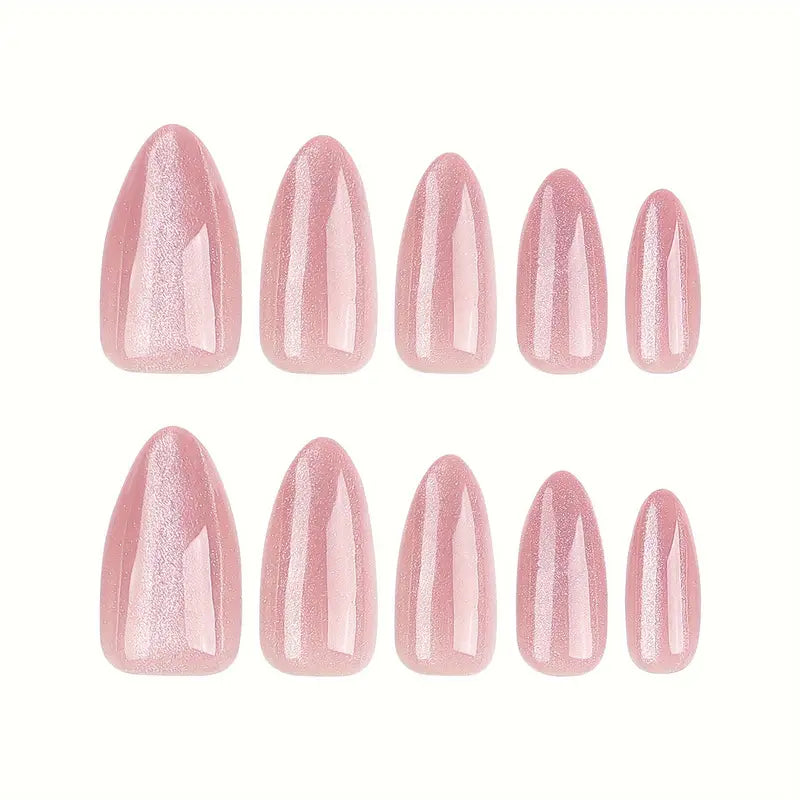 30 & 24- Piece Nude Almond Shaped Press-On Nails – Medium Length with Glossy Cat Eye Finish