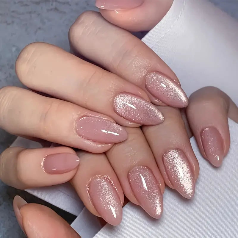 30 & 24- Piece Nude Almond Shaped Press-On Nails – Medium Length with Glossy Cat Eye Finish