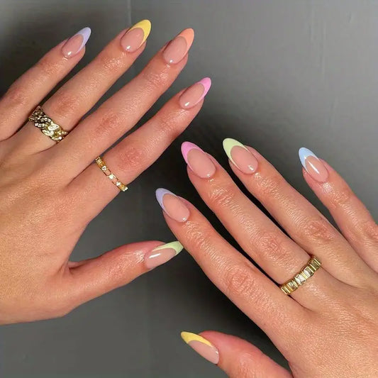24pcs Short Oval Rainbow French Tip Press-On Nails – Glossy Acrylic False Nails