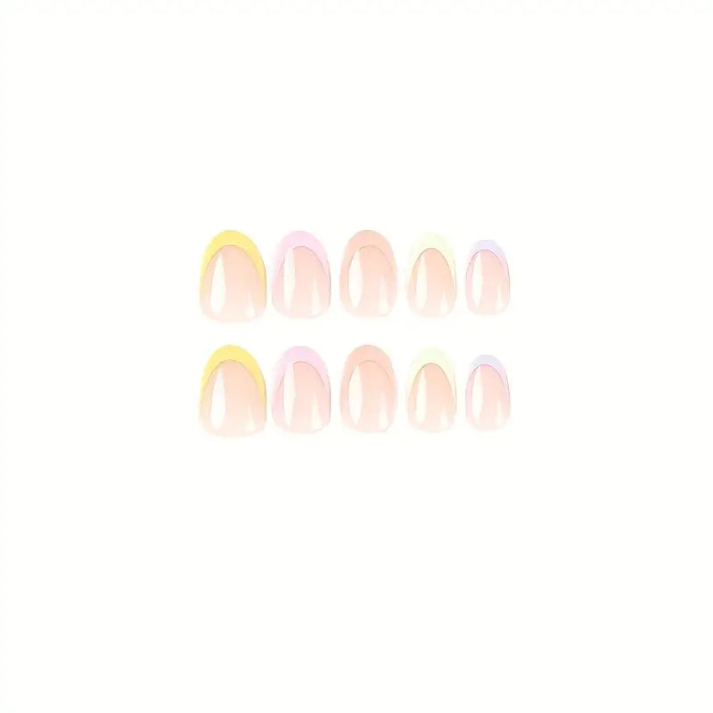 24pcs Short Oval Rainbow French Tip Press-On Nails – Glossy Acrylic False Nails
