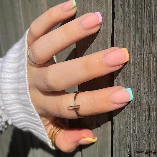 Short Square Press-On Nails – Glossy French Tip Acrylic Nails (24pcs)