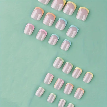 Short Square Press-On Nails – Glossy French Tip Acrylic Nails (24pcs)