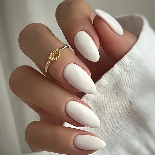 24pcs White Almond-Shaped Press-On Nails – Simple & Shiny Finish
