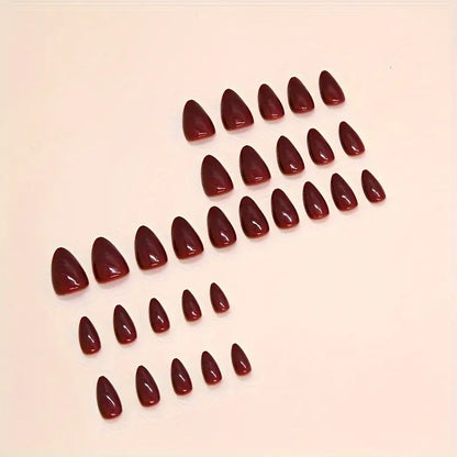 24pcs Chic Wine Red Press-On Nails – Glossy Almond Shape Acrylic False Nails