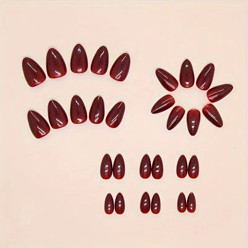 24pcs Chic Wine Red Press-On Nails – Glossy Almond Shape Acrylic False Nails