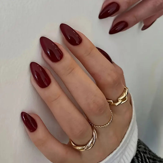 24pcs Chic Wine Red Press-On Nails – Glossy Almond Shape Acrylic False Nails