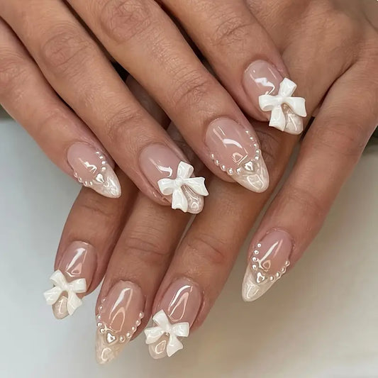 Make Your Nails Beautiful with 24pcs Y2K French Nails – 3D Pearl Love Bow Design
