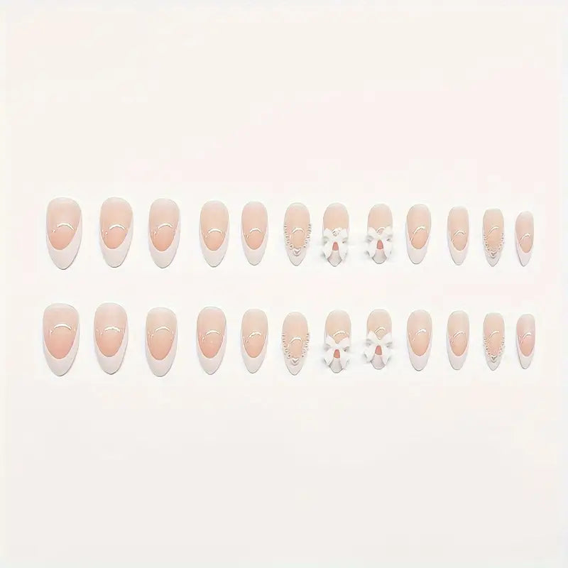 Make Your Nails Beautiful with 24pcs Y2K French Nails – 3D Pearl Love Bow Design