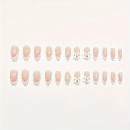 Make Your Nails Beautiful with 24pcs Y2K French Nails – 3D Pearl Love Bow Design