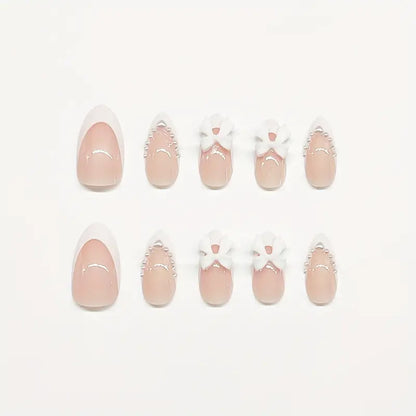 Make Your Nails Beautiful with 24pcs Y2K French Nails – 3D Pearl Love Bow Design