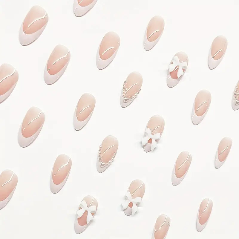 Make Your Nails Beautiful with 24pcs Y2K French Nails – 3D Pearl Love Bow Design