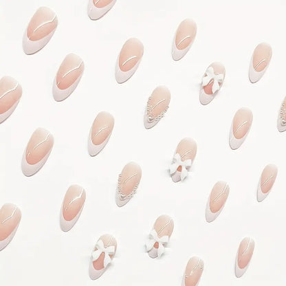 Make Your Nails Beautiful with 24pcs Y2K French Nails – 3D Pearl Love Bow Design