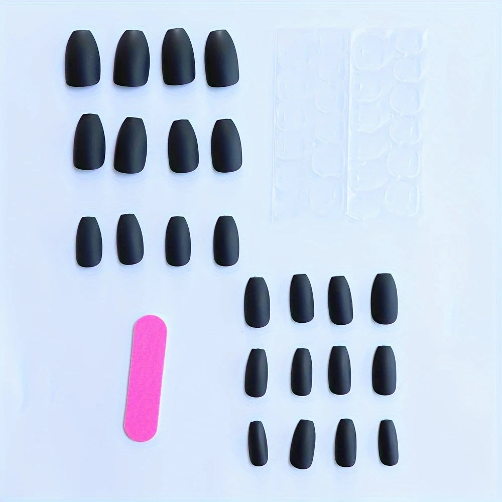elloTee 24pcs short black glitter almond press-on nails with nail file and glue, perfect for parties and daily wear