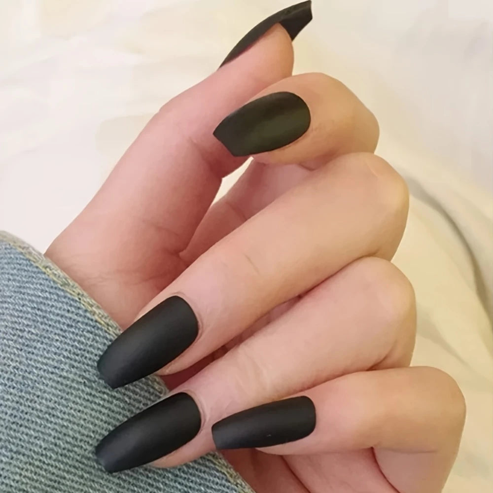 elloTee 24pcs short black glitter almond press-on nails with nail file and glue, perfect for parties and daily wear