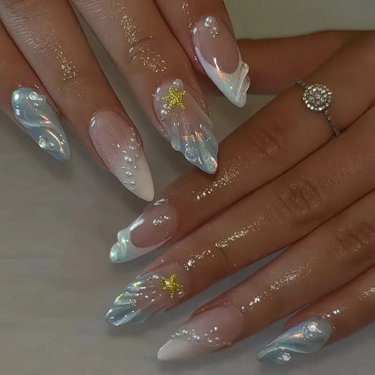 YelloTee Blue Gradient French Tip Press-On Nails – 24pcs Long Almond Shape with 3D Stripes and Glossy Finish