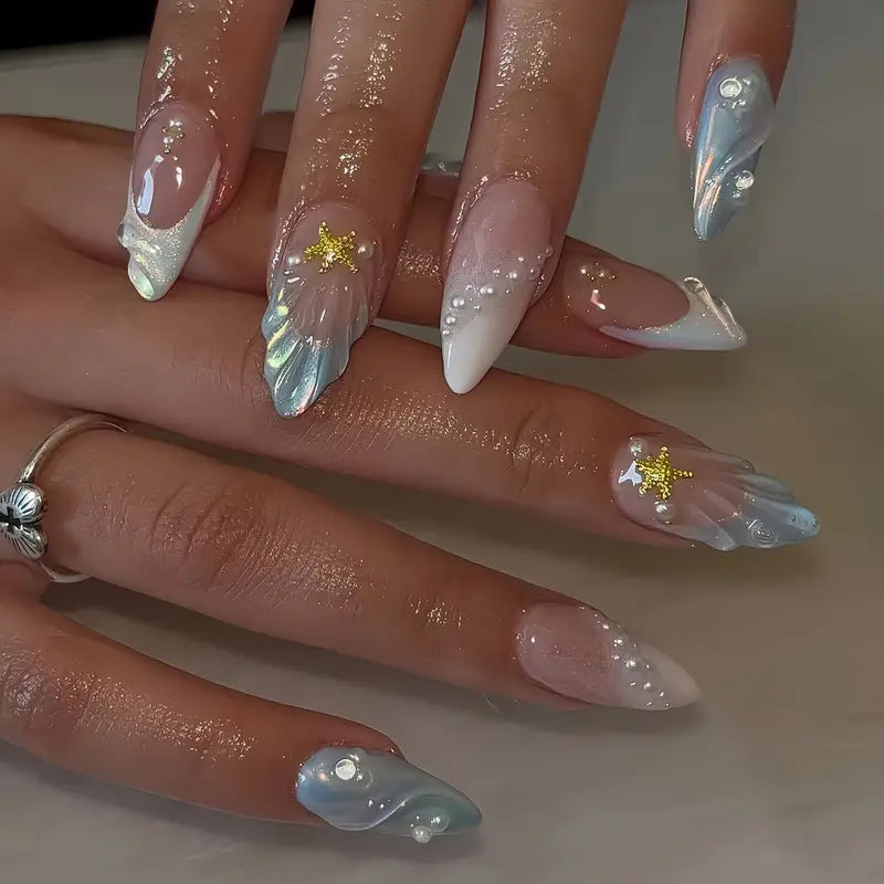 YelloTee Blue Gradient French Tip Press-On Nails – 24pcs Long Almond Shape with 3D Stripes and Glossy Finish