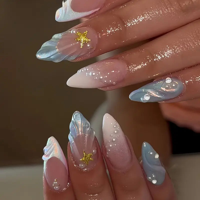 YelloTee Blue Gradient French Tip Press-On Nails – 24pcs Long Almond Shape with 3D Stripes and Glossy Finish