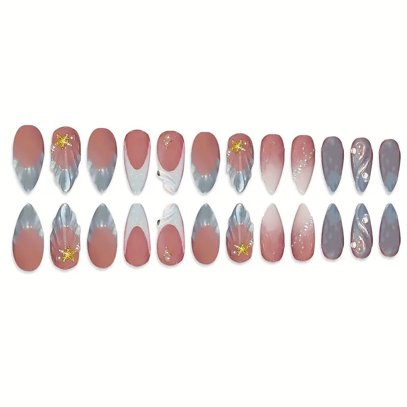YelloTee Blue Gradient French Tip Press-On Nails – 24pcs Long Almond Shape with 3D Stripes and Glossy Finish