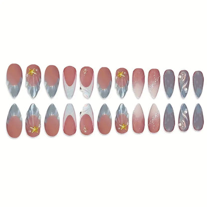 YelloTee Blue Gradient French Tip Press-On Nails – 24pcs Long Almond Shape with 3D Stripes and Glossy Finish