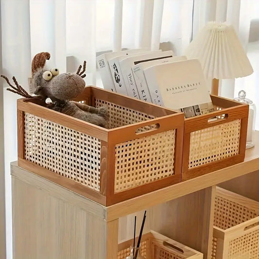 Boho style handwoven rattan wooden storage basket for home organization and decor

