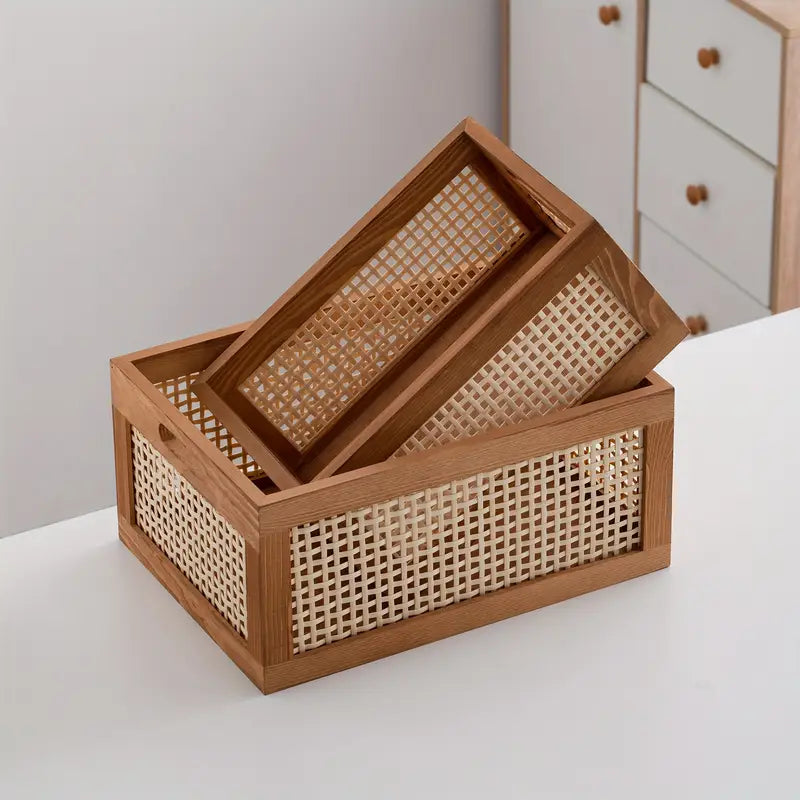 Boho style handwoven rattan wooden storage basket for home organization and decor