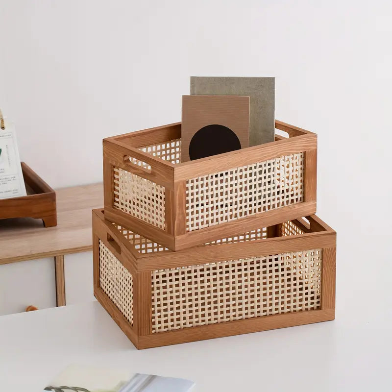 Boho style handwoven rattan wooden storage basket for home organization and decor