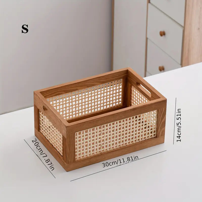 Boho style handwoven rattan wooden storage basket for home organization and decor