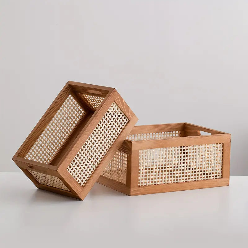 Boho style handwoven rattan wooden storage basket for home organization and decor