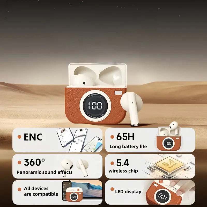 British Retro Wireless Earbuds with Microphone and Type-C Charging