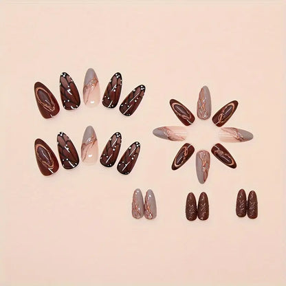 YelloTee 24pcs Brown Almond Press-On Nails with 3D Butterfly Design and Gold Accents – Glossy Fake Nail Set