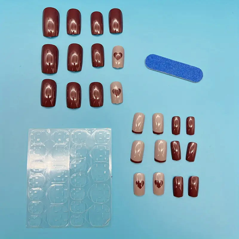 YelloTee 24pcs Brown Heart Press-On Nails – Glossy Medium Square False Nails for Women & Girls