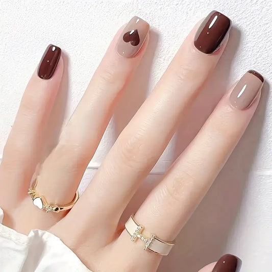 YelloTee 24pcs Brown Heart Press-On Nails – Glossy Medium Square False Nails for Women & Girls