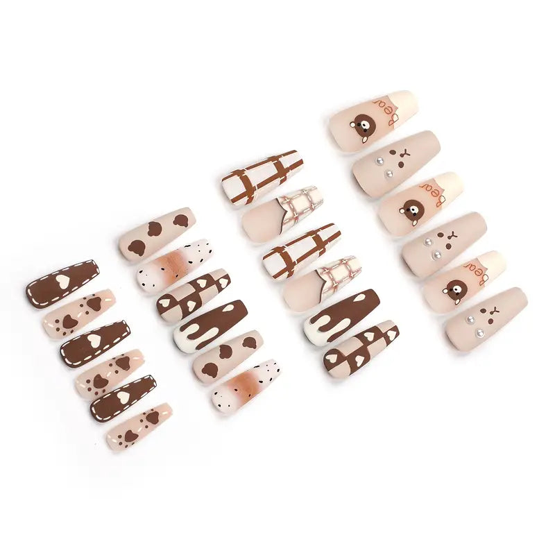 YelloTee 24pcs Cartoon Bear Press-On Nails – Cute Grid Pattern & Love Design for Girls